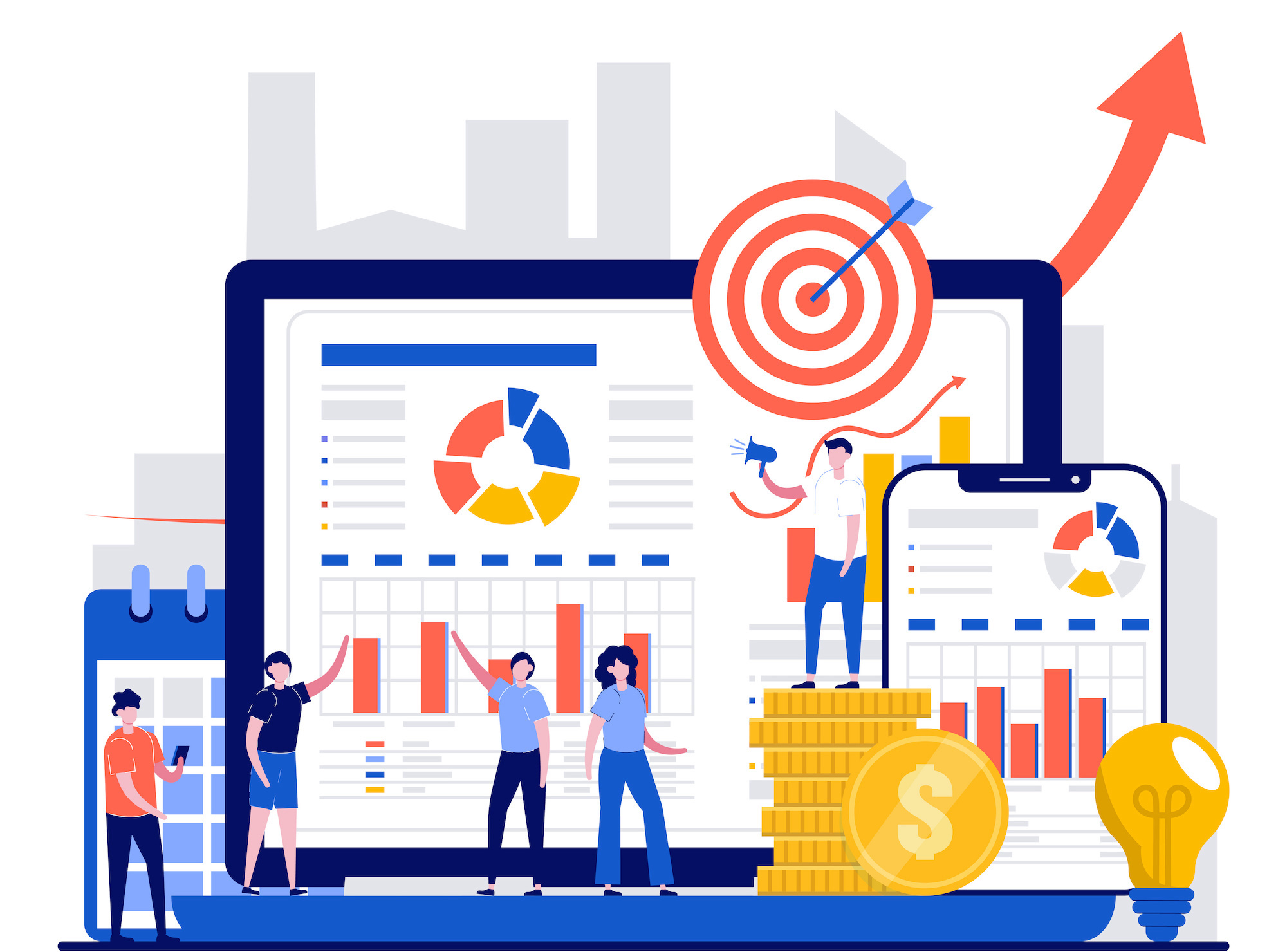Business planning and strategic analytics concept with tiny character. People consulting for company performance flat vector illustration. Data analysis, goal setting, sales market research metaphor